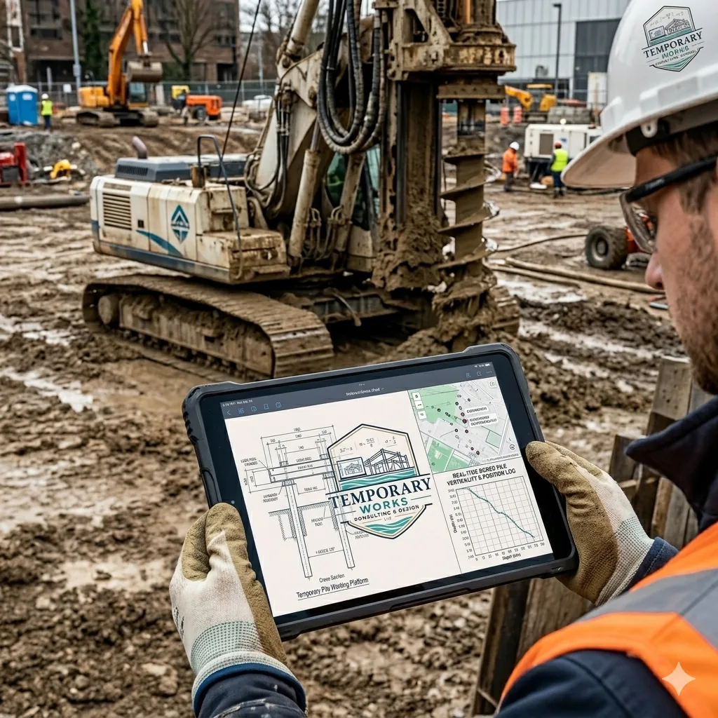 Engineer reviewing a temporary works design and monitoring log on a tablet on site