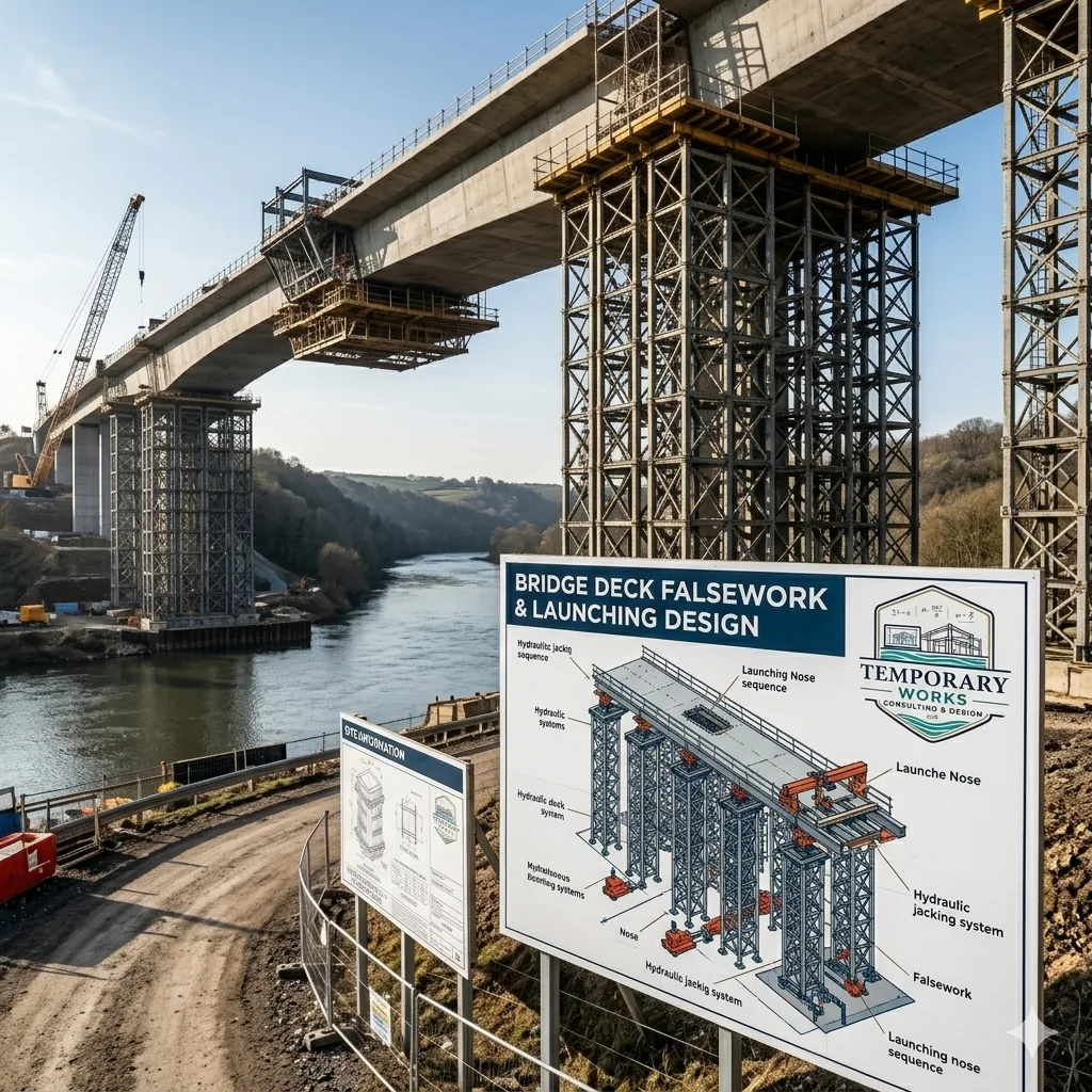 Bridge deck falsework and launching design board with heavy propping behind