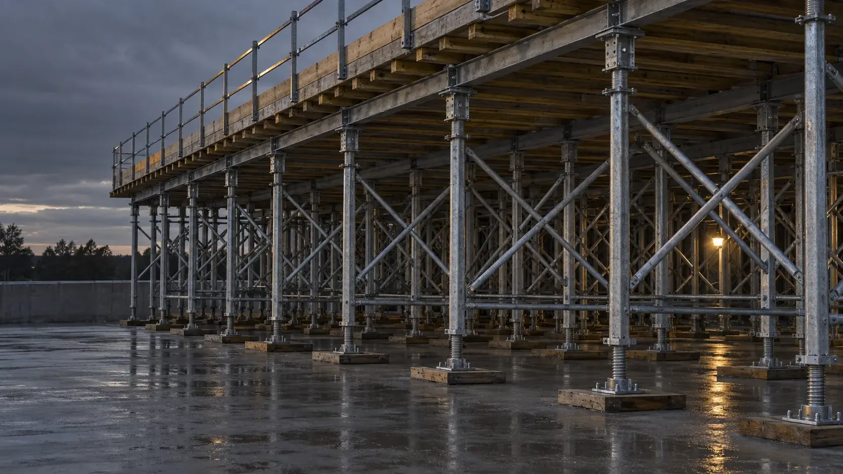 Repeated braced falsework towers seated on timber sole plates — generated atmospheric image