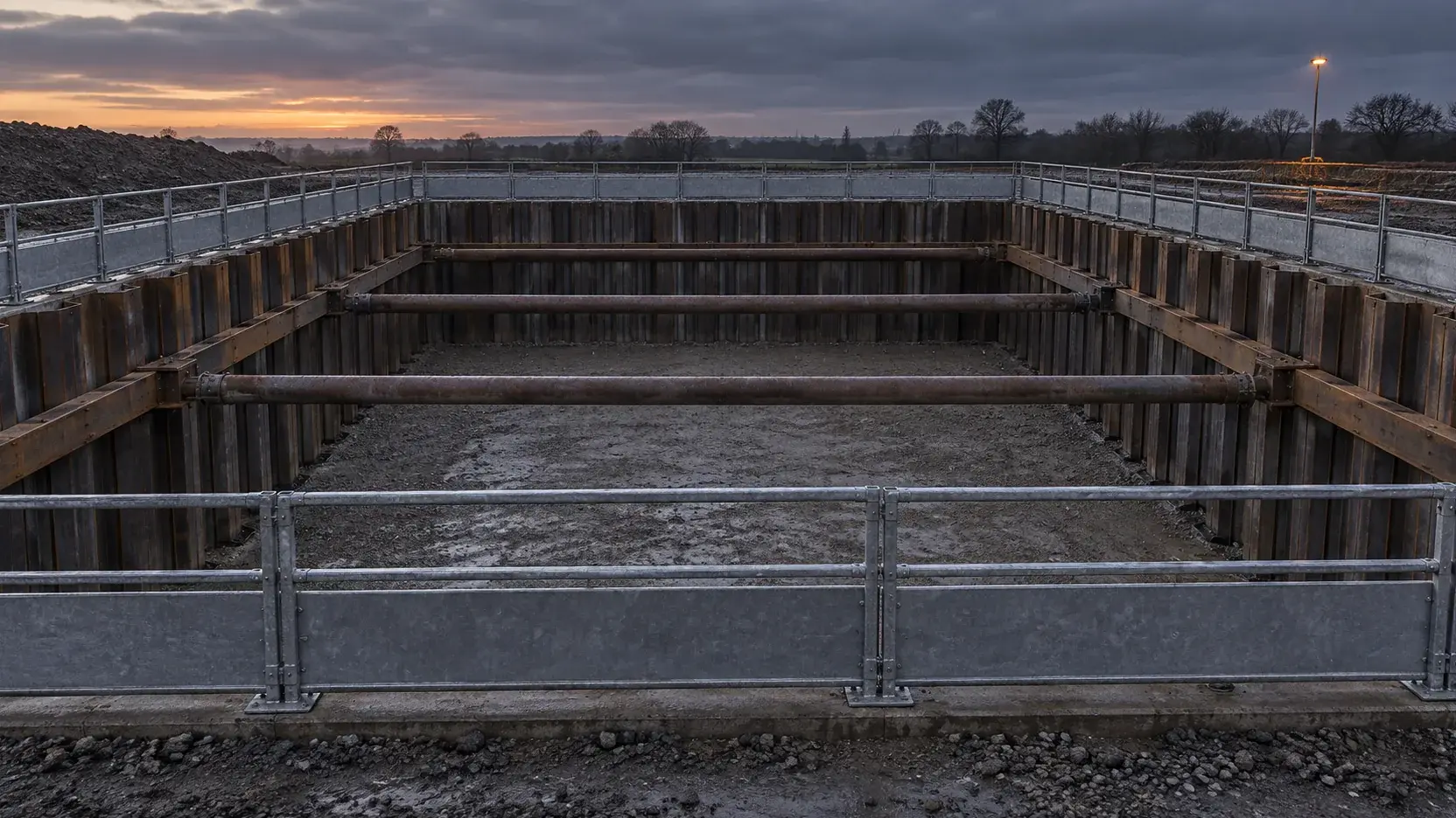Sheet-piled excavation with walers, props and perimeter edge protection — generated atmospheric image