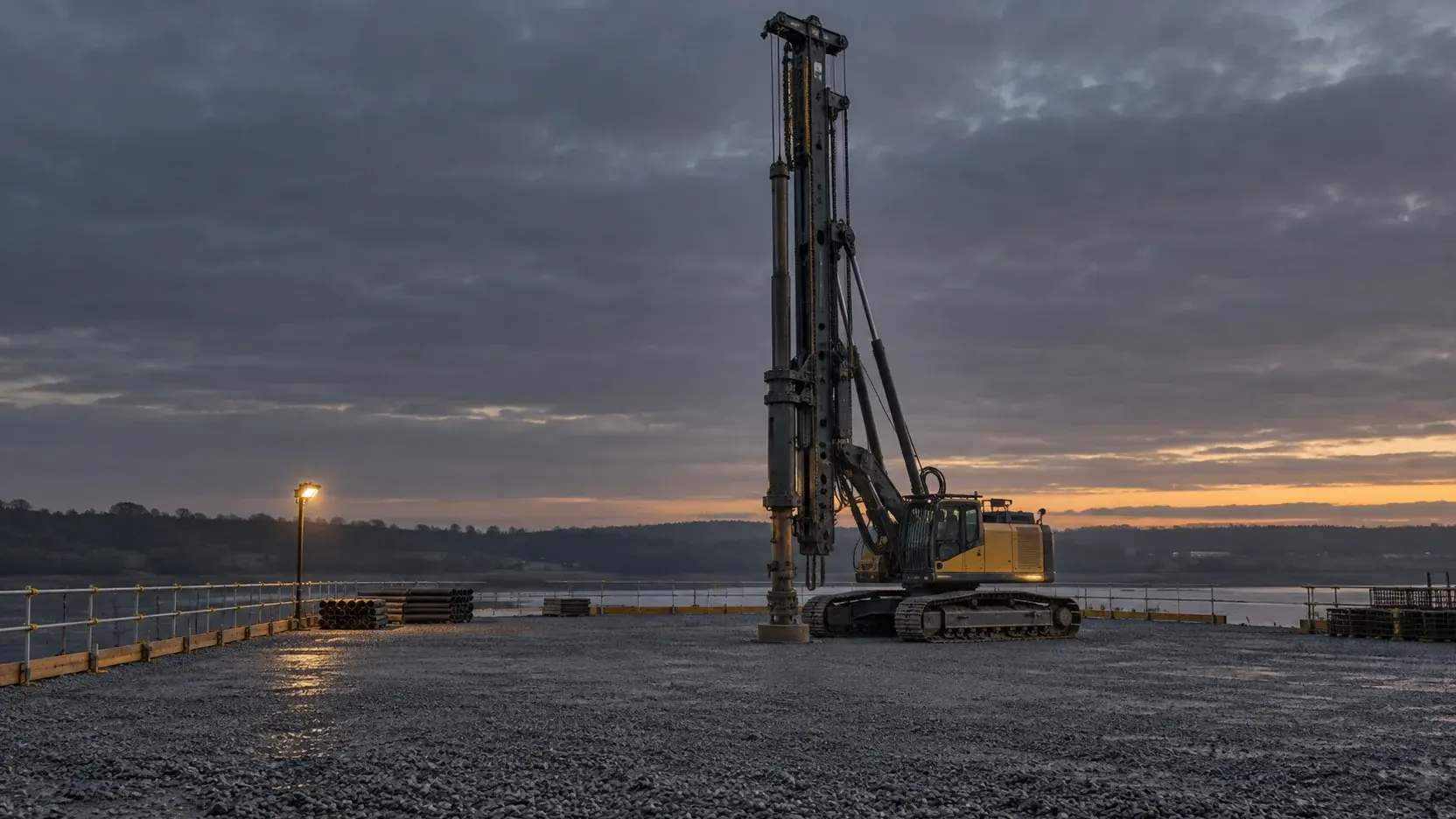 Parked tracked piling rig on a completed level working platform — generated atmospheric image