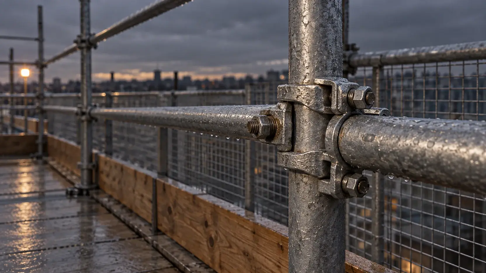 Secured scaffold coupler beside mesh protection and a timber toeboard — generated atmospheric image