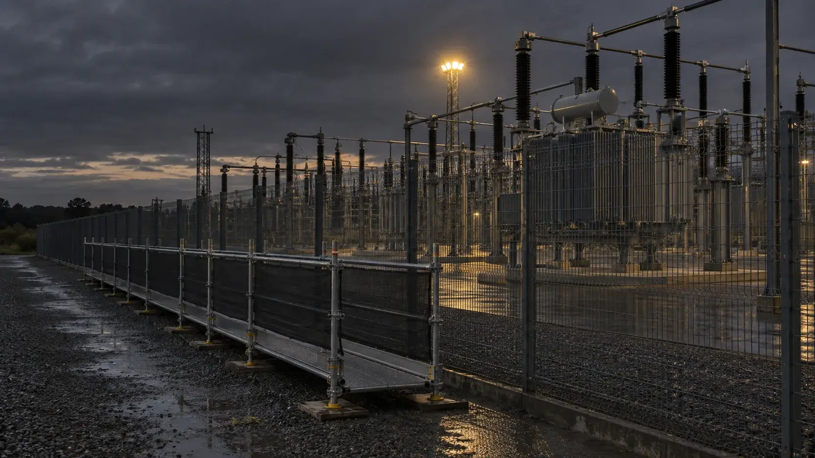 Fenced electrical yard with a separated temporary access walkway at dusk — generated atmospheric image