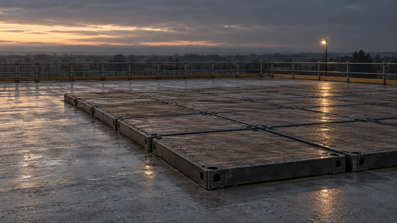 Modular load-spreading mats resting on a clean protected concrete slab — generated atmospheric image