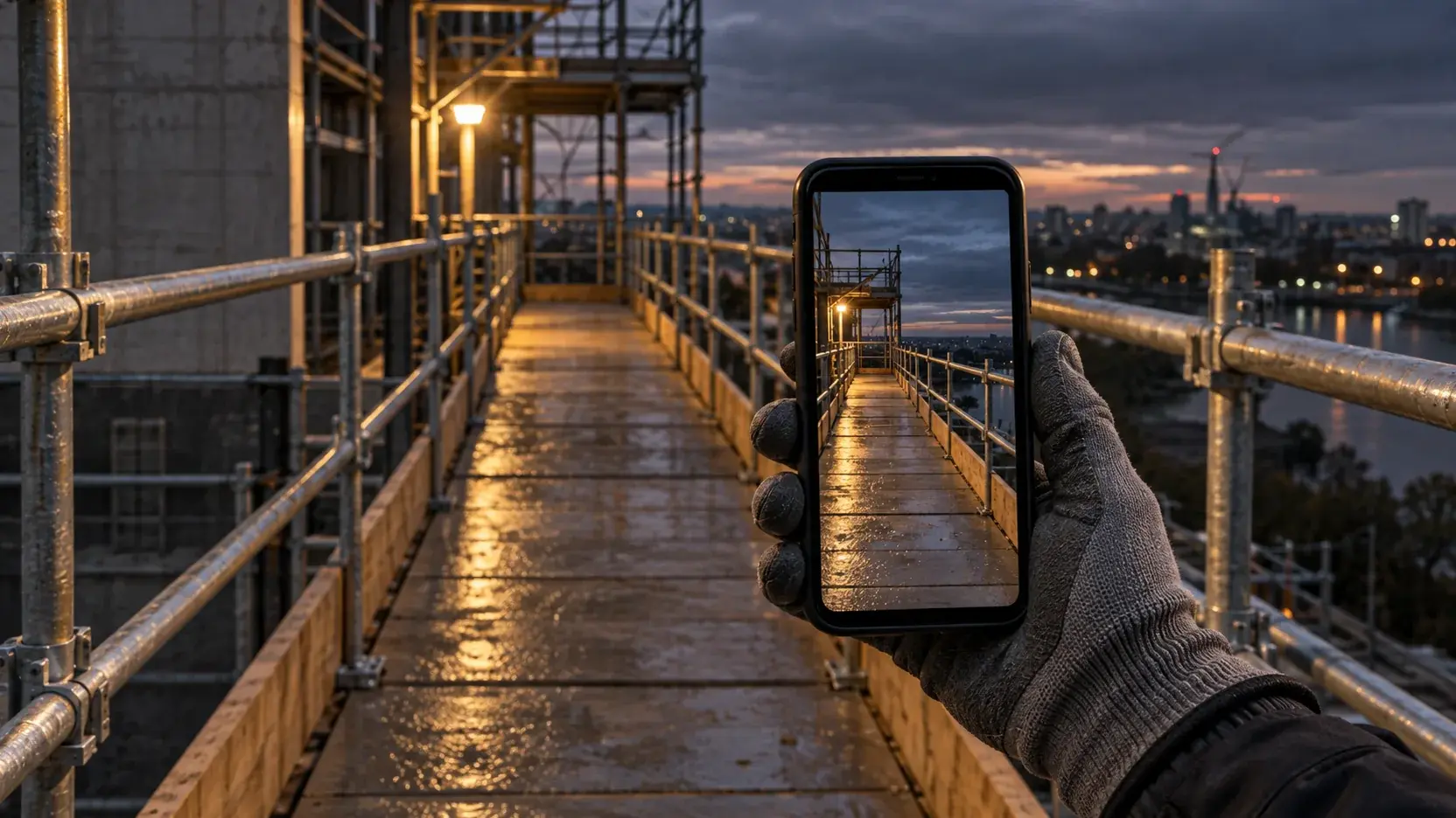 Gloved hand holding a phone facing a walkway with edge protection — generated atmospheric image