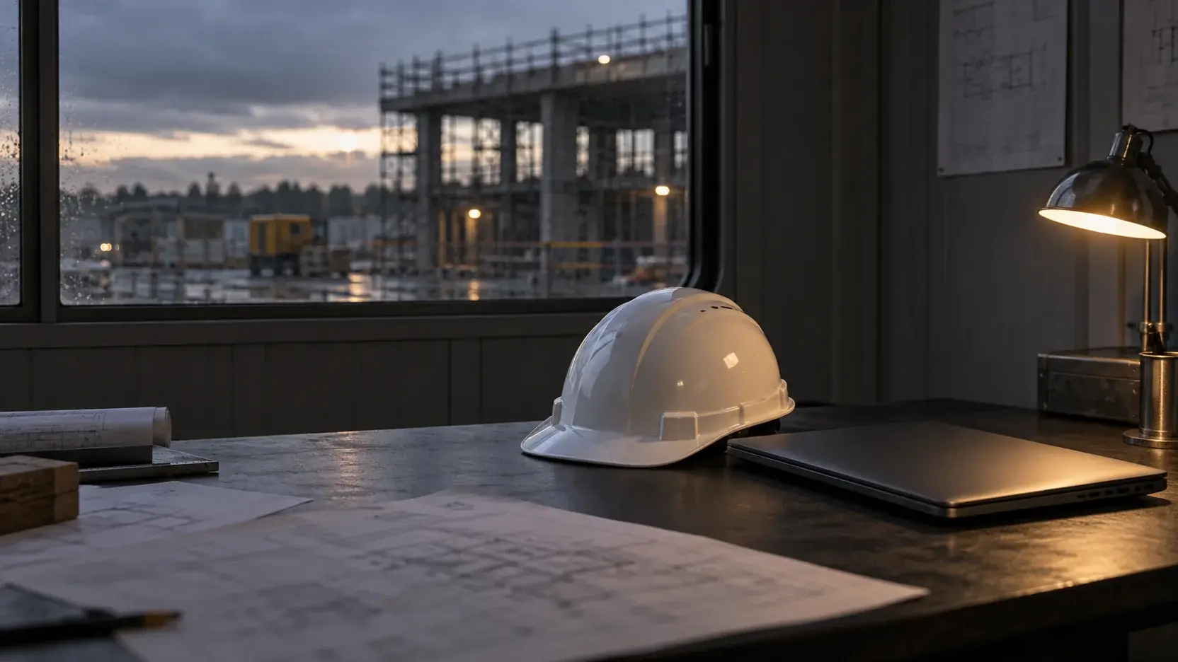 Quiet site-cabin desk with a hardhat, closed laptop and indistinct drawings — generated atmospheric image
