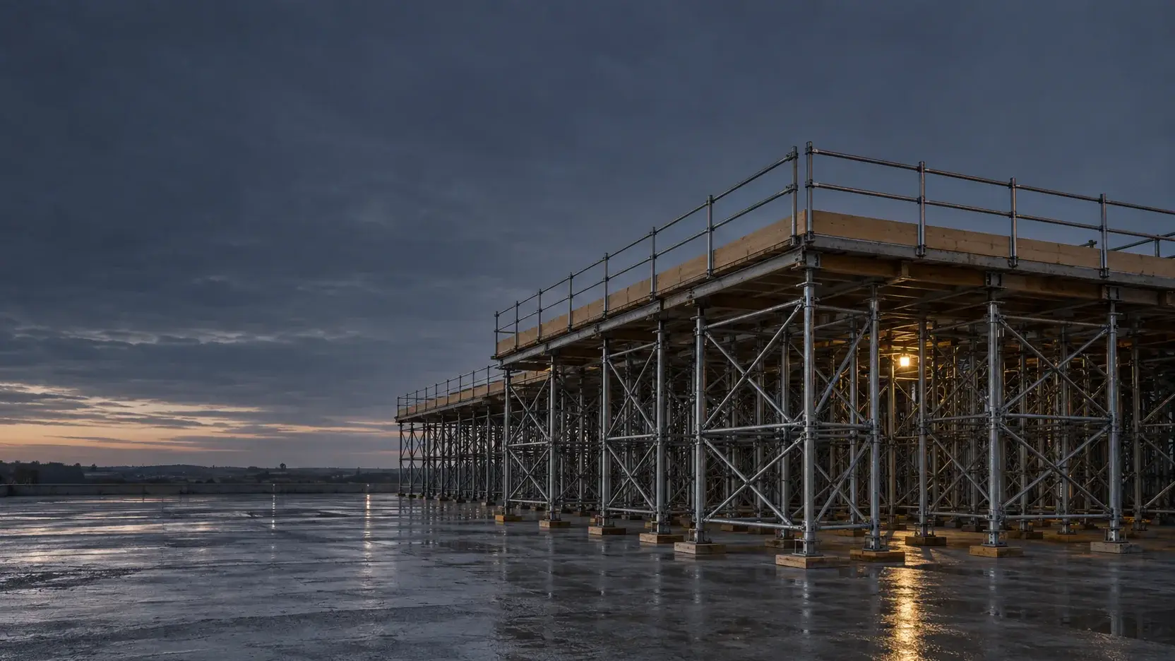 Empty falsework site with protected deck edges at first light — generated atmospheric image