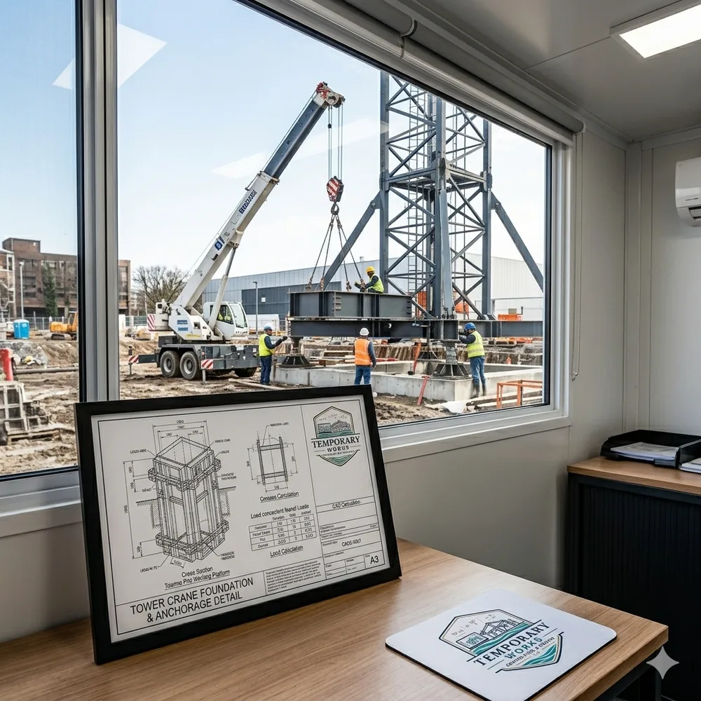 Temporary works design office overlooking a live construction and lifting operation