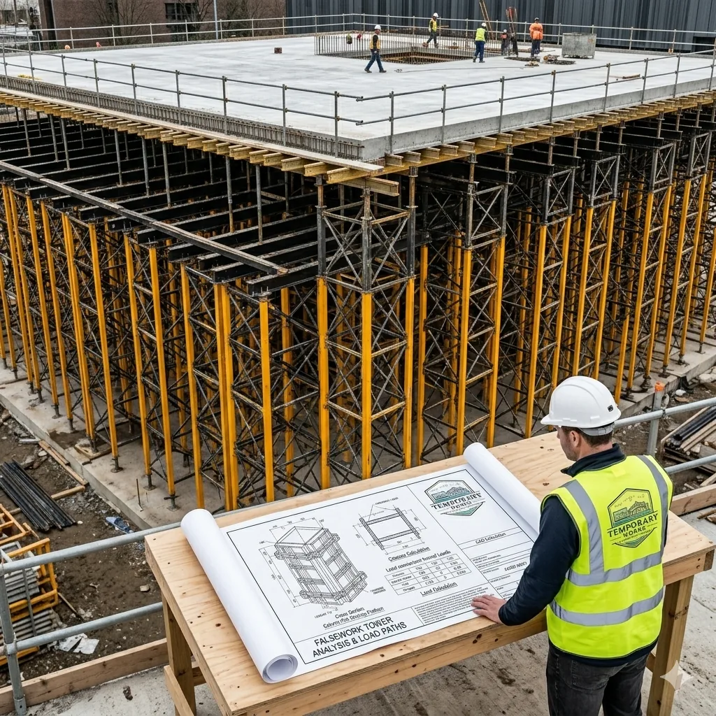 Falsework tower analysis and load-path design board at a propped slab soffit
