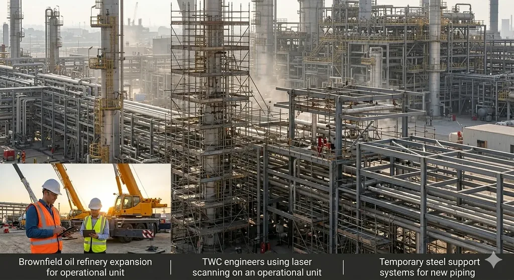 Brownfield oil refinery expansion with temporary steel support systems and laser scanning