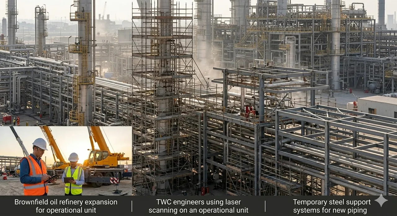 Scaffold and access at a brownfield refinery interfacing with temporary support steelwork