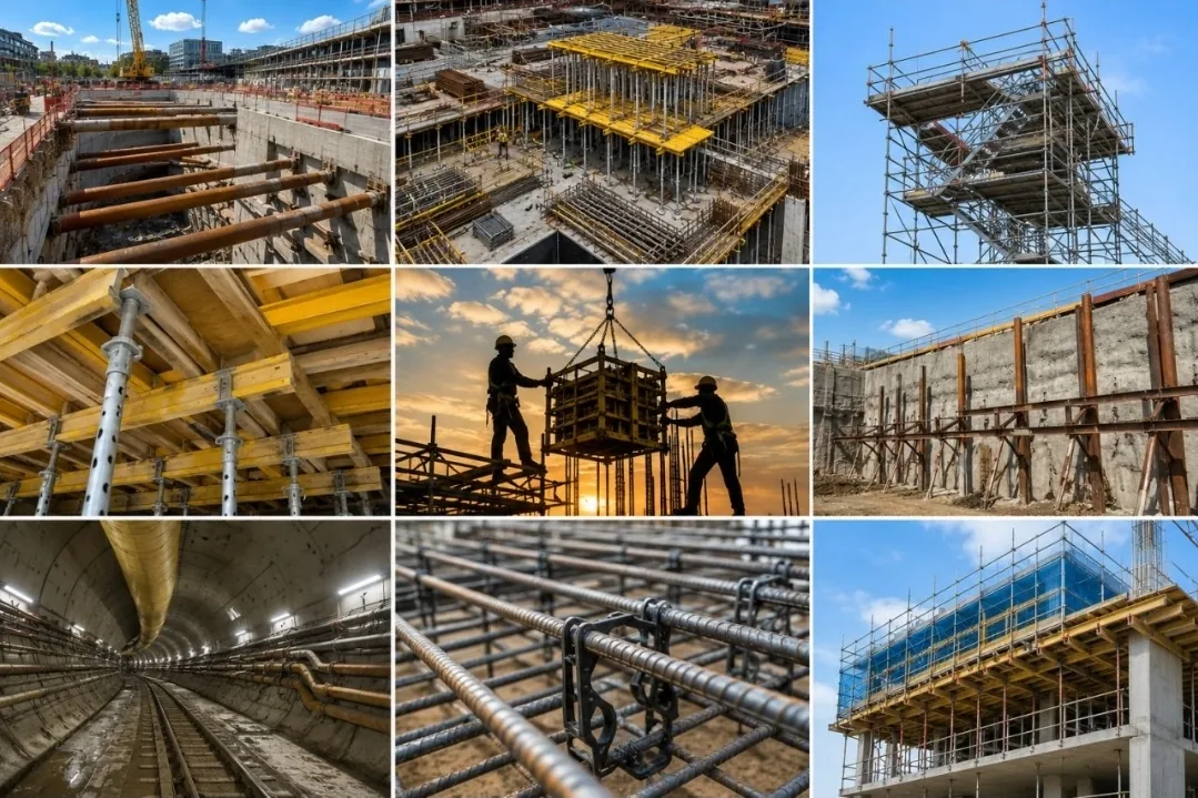 Temporary works on real projects — excavation support, formwork, falsework, scaffold, rebar and tunnelling