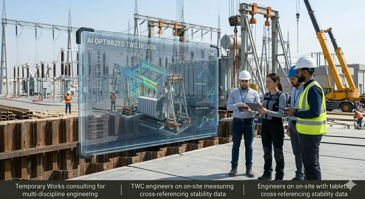 Engineers reviewing an AI-assisted design on a substation